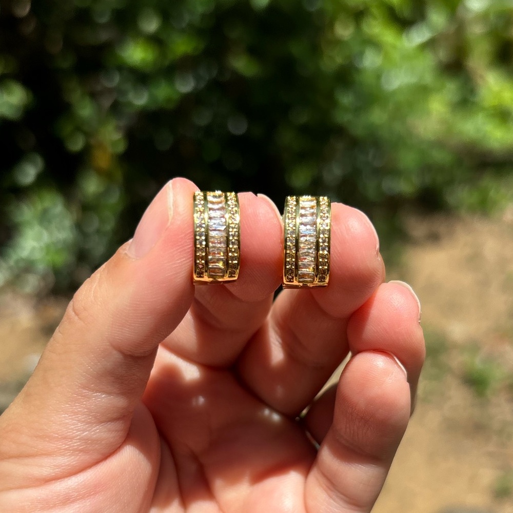 18K Gold Plated Stainless Steel Diamond Hoop Earrings - Picture 2 of 6